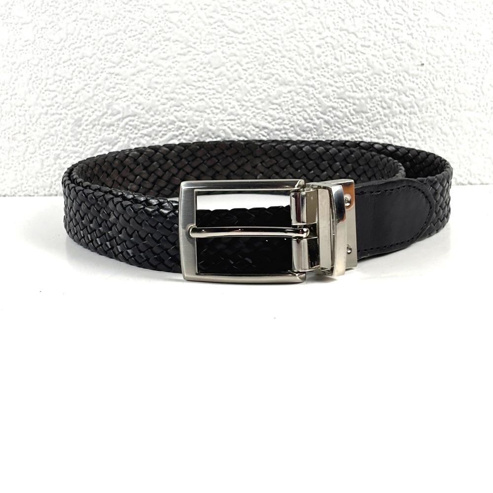 Perry Ellis Braided Belt Mens Size 30-32 Black Woven Leather Business Preppy